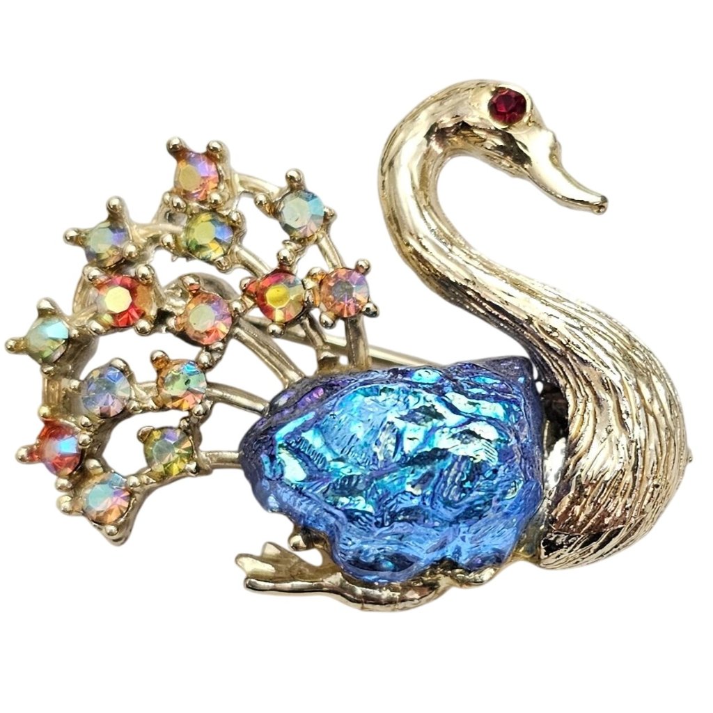 Bsk Blue Ab Lava Rhinestone Sawn Brooch Multicolor Chaton Pin, Signed